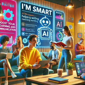 A vibrant and modern study space with a diverse group of people using laptops and tablets with AI tools. One person is smiling while an AI assistant helps with writing on a large screen. Another person is reading a book with AI-generated summaries displayed on a tablet. Bright motivational posters read 'I'm Smart' and 'Boost Your Learning and Communication.' The environment is collaborative, innovative, and friendly.